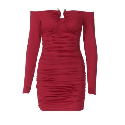 Women Sexy Tube Top off Neck Pleated Waist Tight Slimming Tight Hip Bag Dress