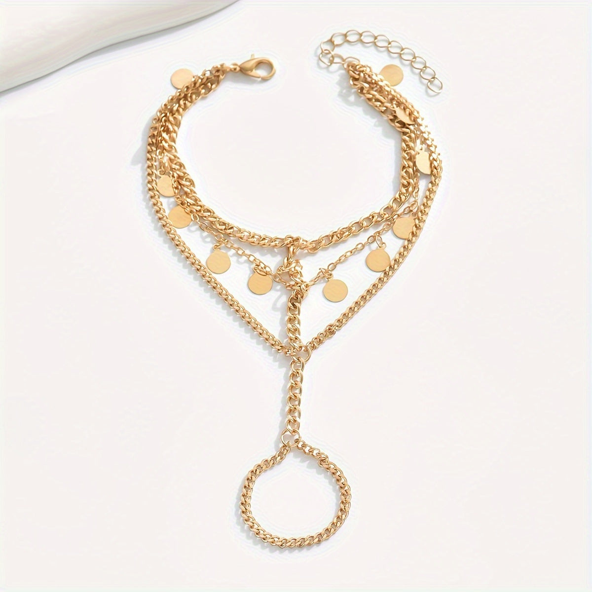 Layered Metal Disc and Chain Finger Bracelet