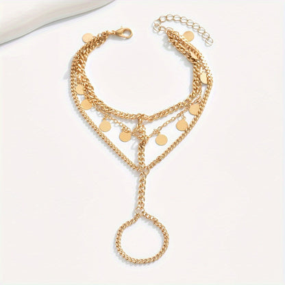 Layered Metal Disc and Chain Finger Bracelet