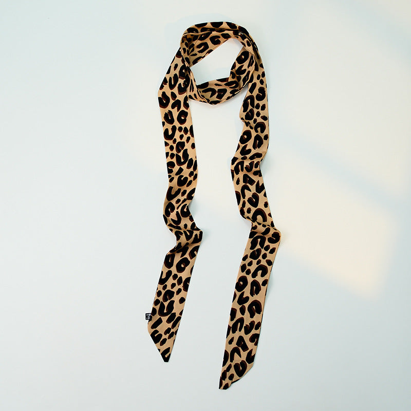 Leopard Print Skinny Long Neck Tie Ribbon Scarf