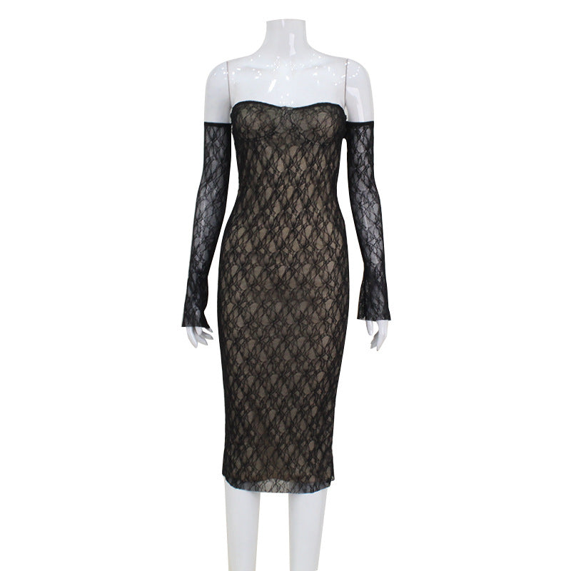 Summer Pure Sexy Lace Tube Top Hip Waist Controlled Sexy Dress with Oversleeves for Women
