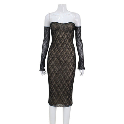 Summer Pure Sexy Lace Tube Top Hip Waist Controlled Sexy Dress with Oversleeves for Women