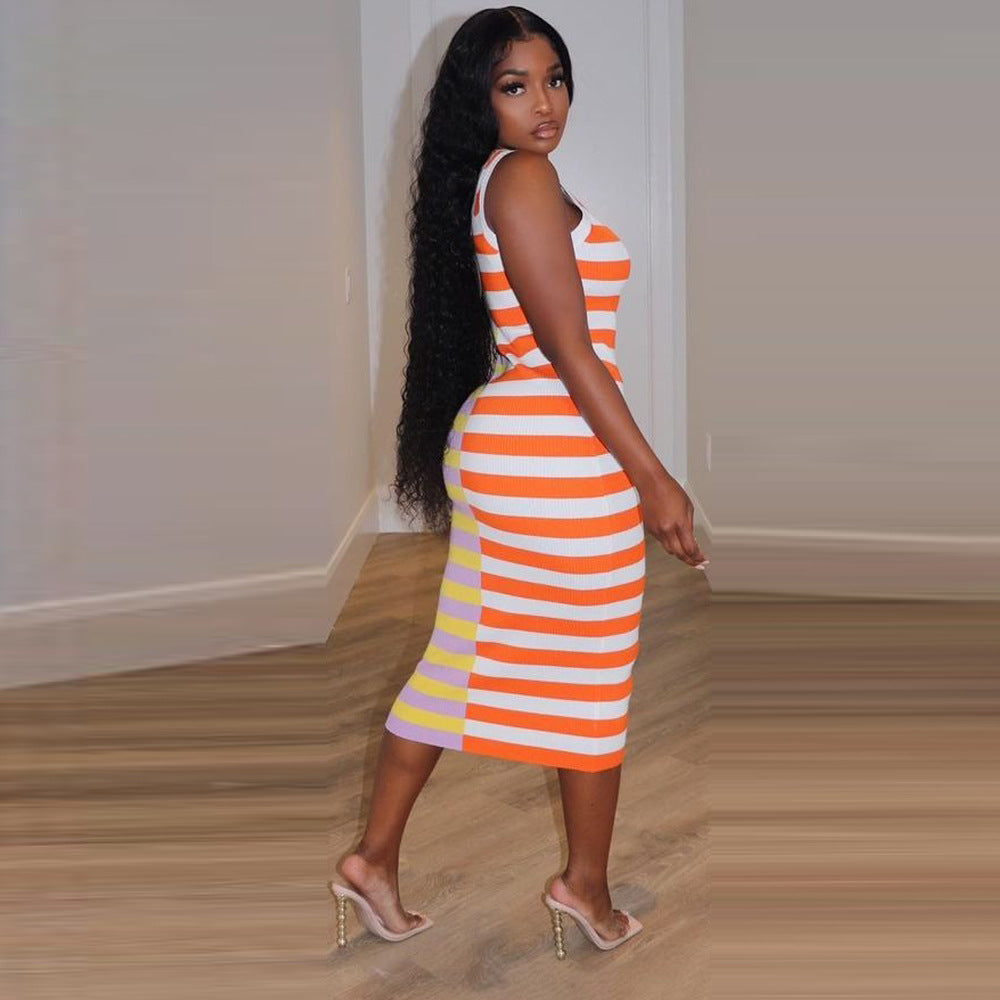 Summer Women Clothing Striped Printed round Neck Sleeveless Sexy Dress