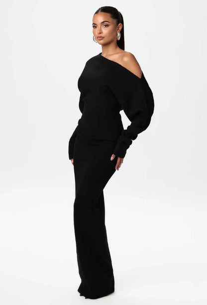 Asymmetric Off Shoulder Long Sleeve Knit Column Maxi Dress