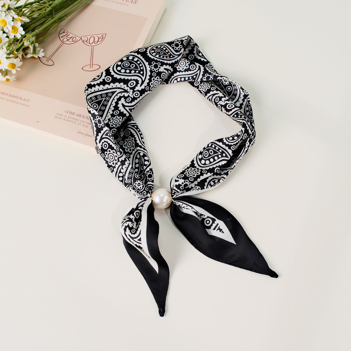 Pearl Magnetic Buckle Paisley Print Neck Ribbon Scarf