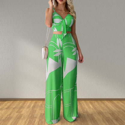 Women Clothing Summer Sexy Tube Top Lace up Loose Wide Leg Pants Printing Set