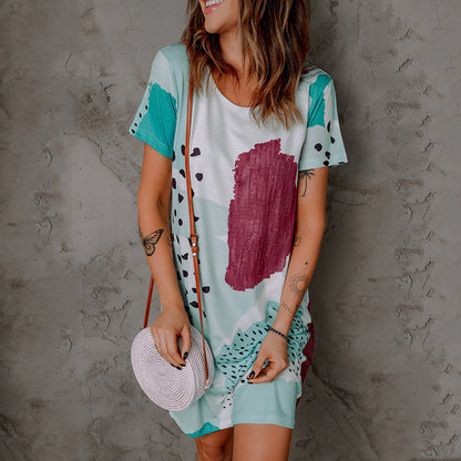 Summer Floral Print round Neck Short Sleeve Casual Dress Women
