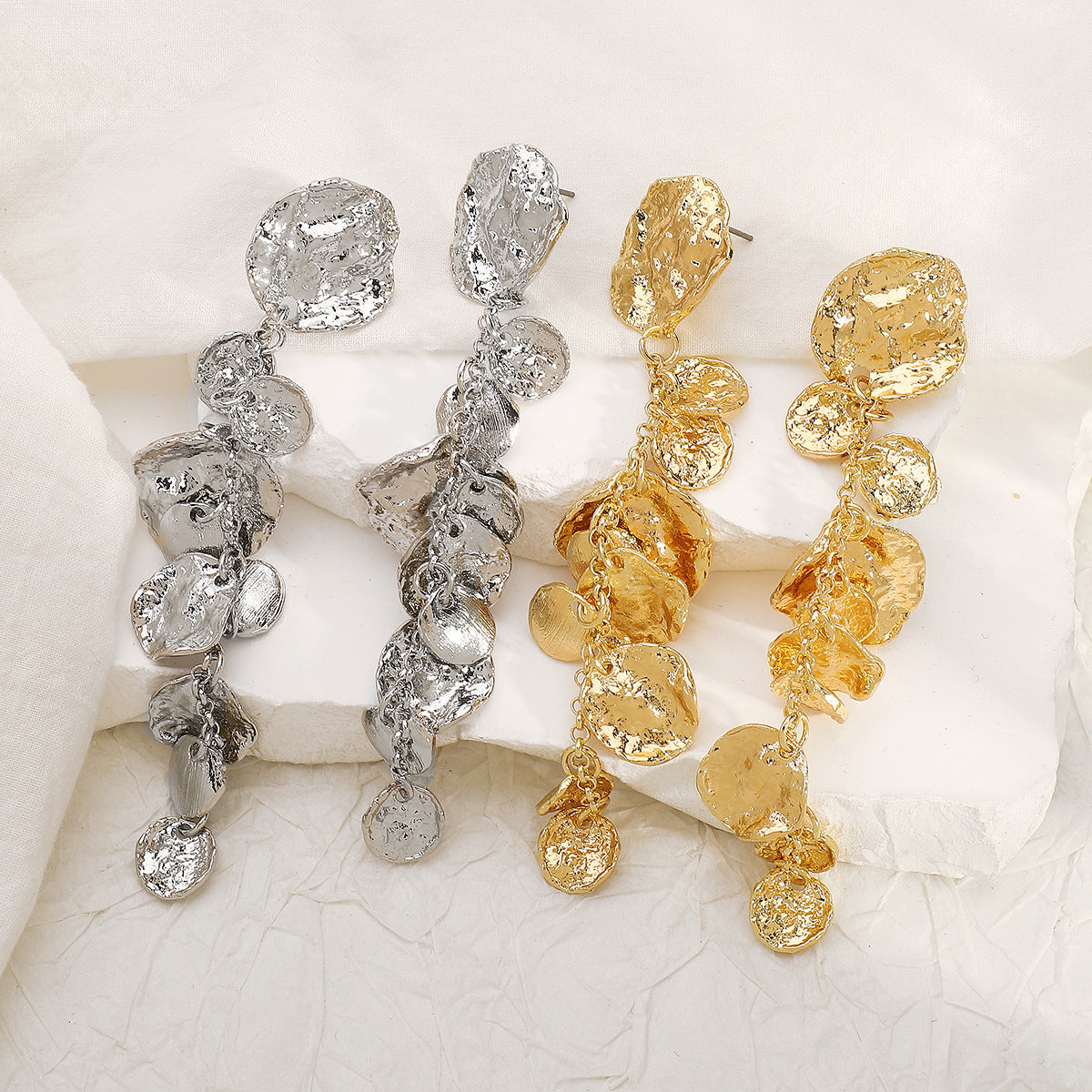 Long Round Pendant Metallic Earrings