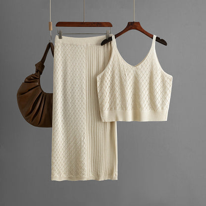 Summer Hollow Out Cutout out Short Spaghetti Straps Knitted Skirt Two Piece Set