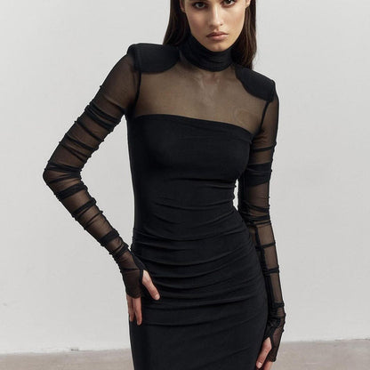 Mesh Mock Neck Long Sleeve Ruched Padded Shoulder Bodycon Maxi Dress
