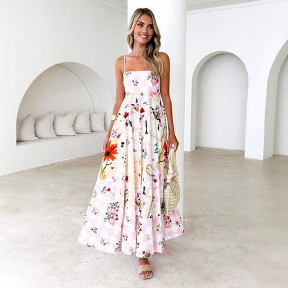 Summer Printed Backless Sexy Suspenders Large Swing High Waist Dress Women
