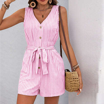 Summer Jumpsuit V neck Sleeveless Striped Romper