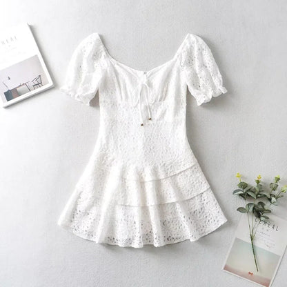 Lace Eyelet Puff Sleeve Lace Up Tiered Ruffle Mini Dress