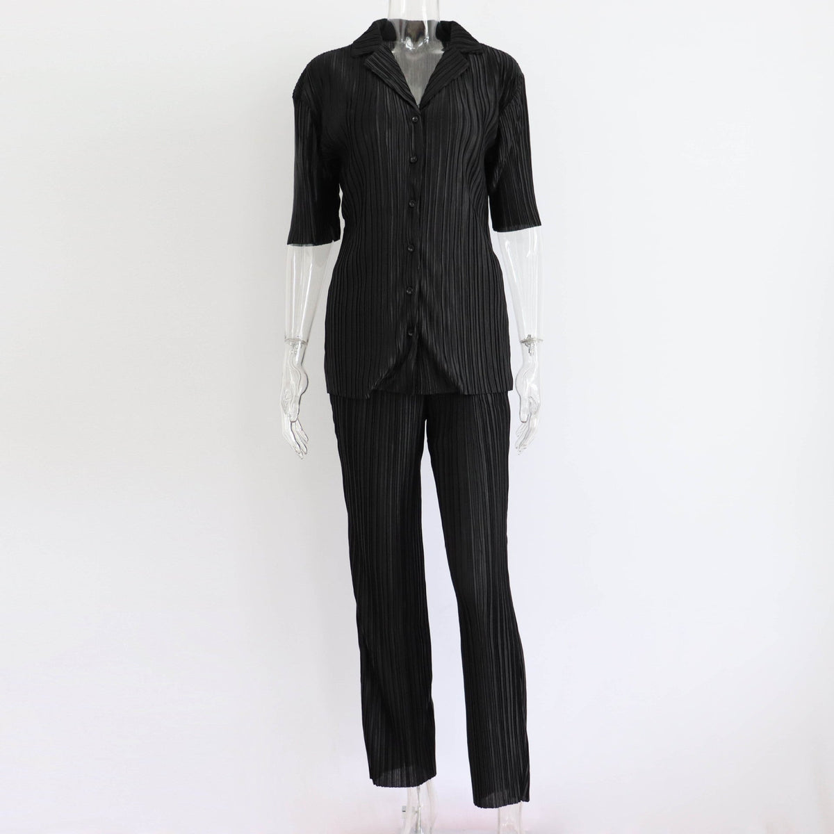 Summer Short Sleeve Loose Pleated Straight Leg Pants Two-Piece Set Sexy Complex Set Collar Sexy Set