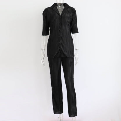 Summer Short Sleeve Loose Pleated Straight Leg Pants Two-Piece Set Sexy Complex Set Collar Sexy Set