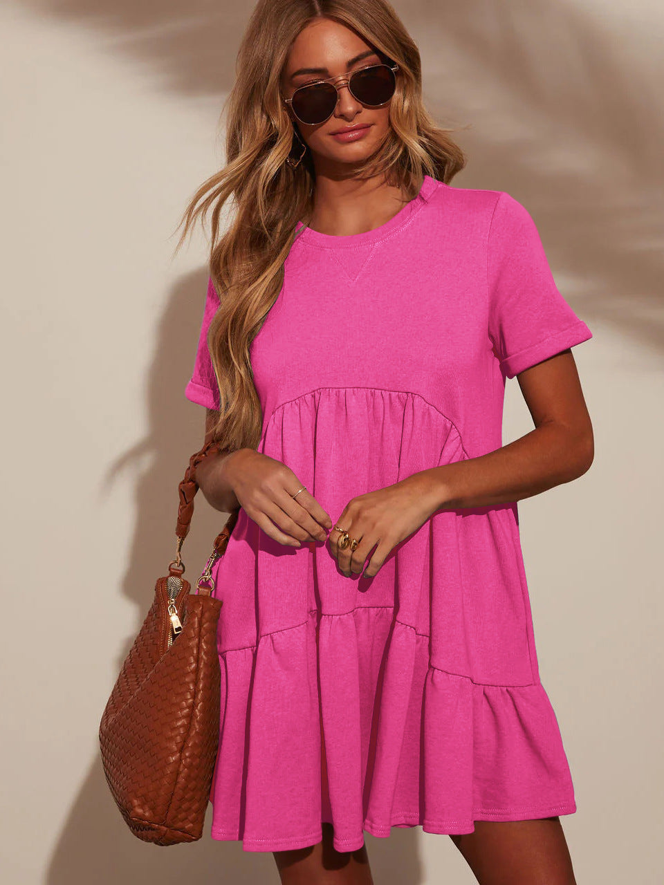 Summer Casual Pocket Short round Neck Short Sleeve Pleated Loose Women Wear Dress