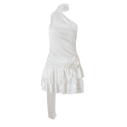 Asymmetric Halter Neck Fabric Rosette Tiered Ruffle Satin Mini Dress