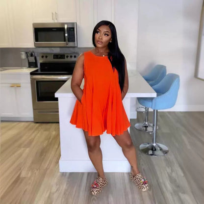 Women Clothing for Spring Summer Solid Color Round Neck Sleeveless Pocket Mini Dress
