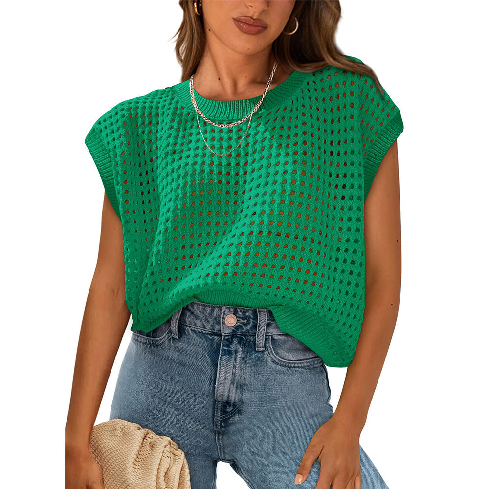 Summer Women Clothing Women round Neck Hollow Out Cutout Sun Protection Knitted Sweater Blouse