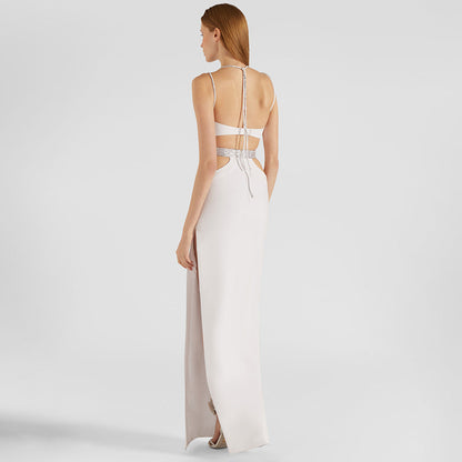 Rhinestone Strap Deep V-Neck Waist Cut Out High Split Bandage Maxi Dress