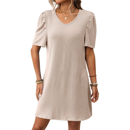 Summer Women Clothing Contrast Color Twist Strip Puff Sleeve Mid Length Dress