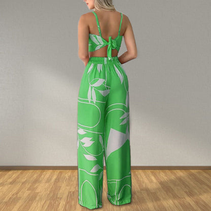 Women Clothing Summer Sexy Tube Top Lace up Loose Wide Leg Pants Printing Set