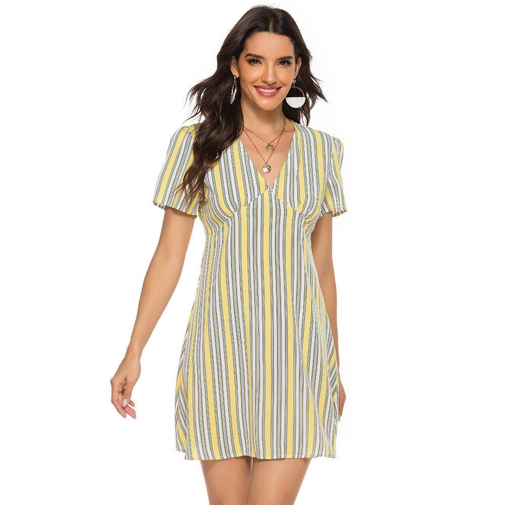 Summer Lemon Yellow Striped Sexy Women Dress V-neck Vitality Sweet Short Sleeve Dress