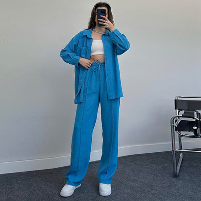 Suit Women Autumn Winter Long Sleeved Shirt Pleated Elastic Waist Pants Elegant Two Piece Set
