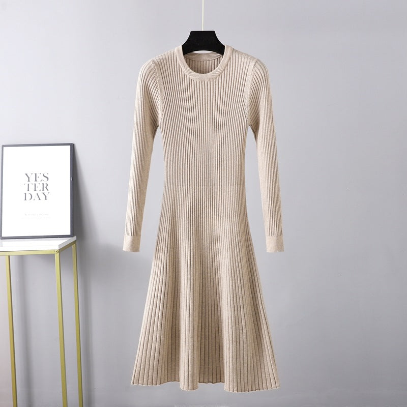 Fall Winter Slim Dress Women Mid Length Dress Round Neck Solid Color Inner Wear Base Sweater Dress A line Dress