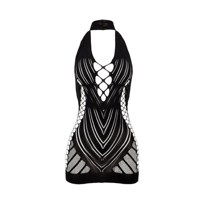 Summer Sexy Erotic Netting Wear Halter Backless Gauzy Package Hip Short Dress