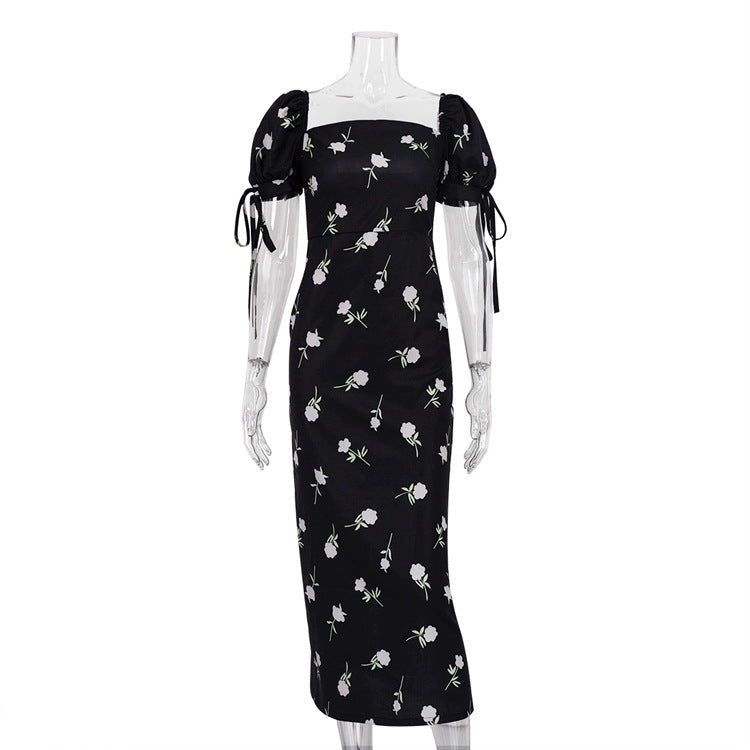 French Women Clothing Summer Holiday Dress Floral Puff Sleeve off Neck Slim Fit Long Dress