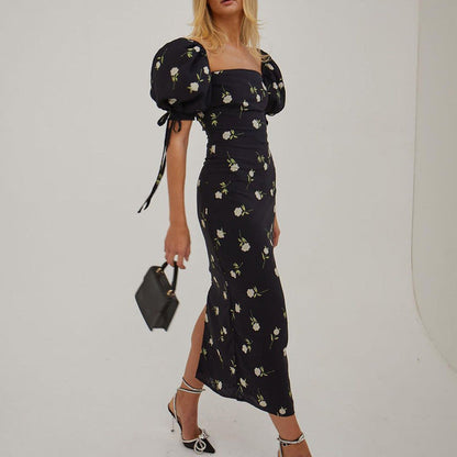 French Women Clothing Summer Holiday Dress Floral Puff Sleeve off Neck Slim Fit Long Dress