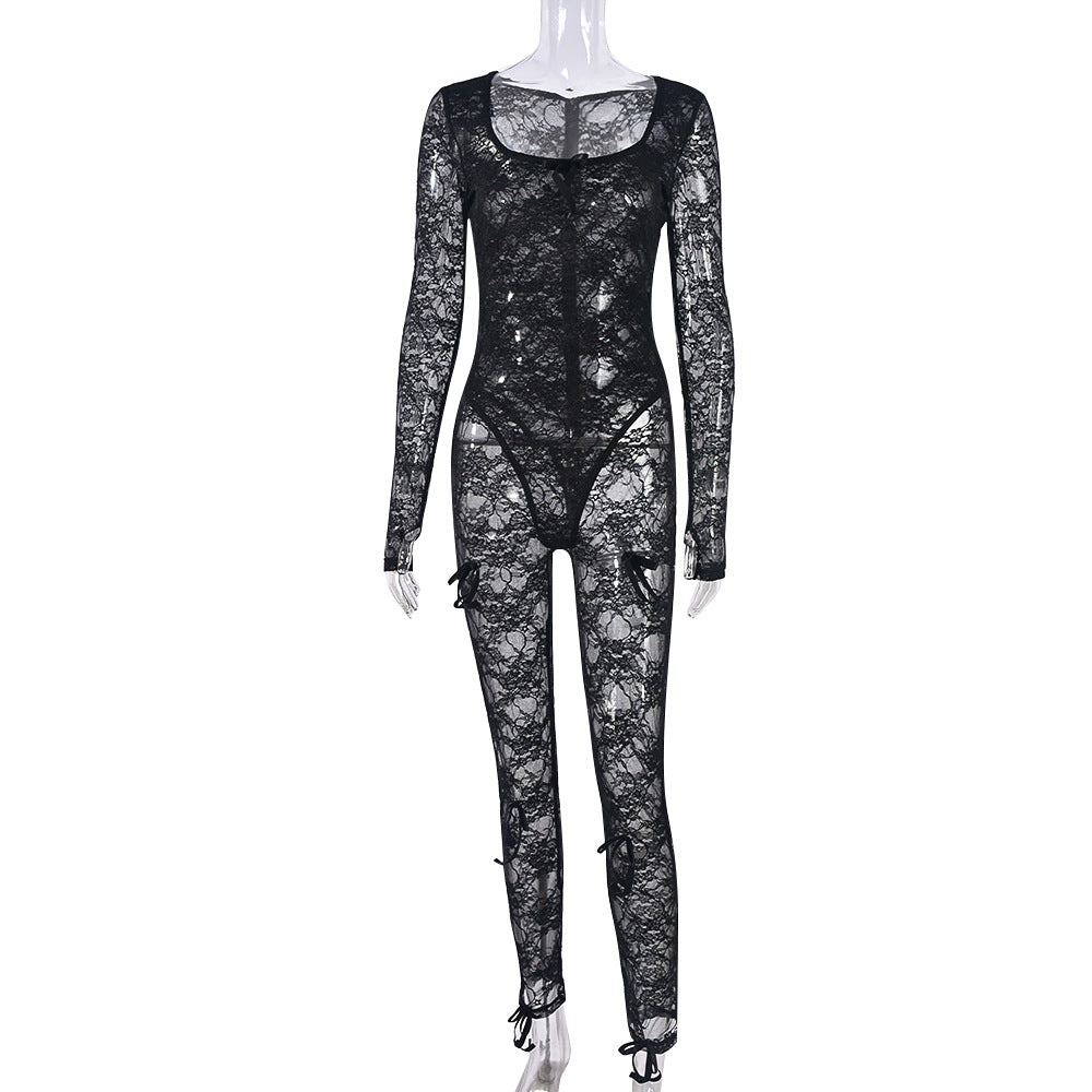 Summer Women Clothing U Neck Long-Sleeved Sexy Lace Stretch Jumpsuit Women