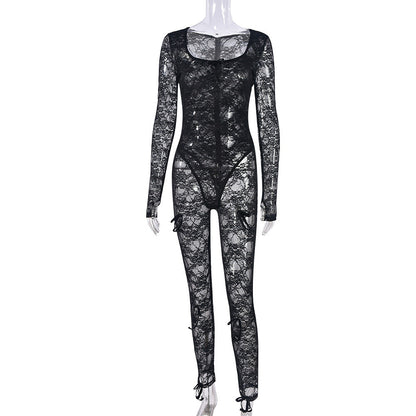 Summer Women Clothing U Neck Long-Sleeved Sexy Lace Stretch Jumpsuit Women