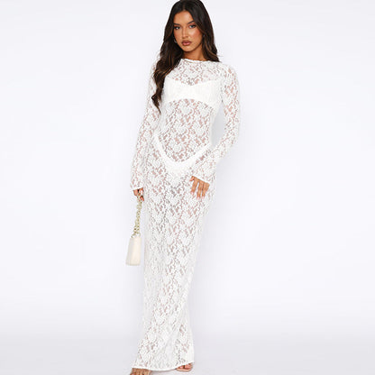 Sheer Floral Lace Long Sleeve Crew Neck Column Maxi Dress