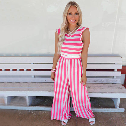 Summer Striped Round Neck Sleeveless Casual Jumpsuit Women