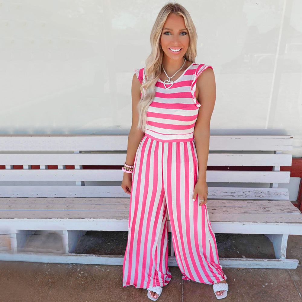 Summer Striped Round Neck Sleeveless Casual Jumpsuit Women