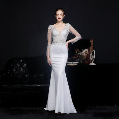 Floral Lace Illusion Long Sleeve Mermaid Trumpet Formal Gown