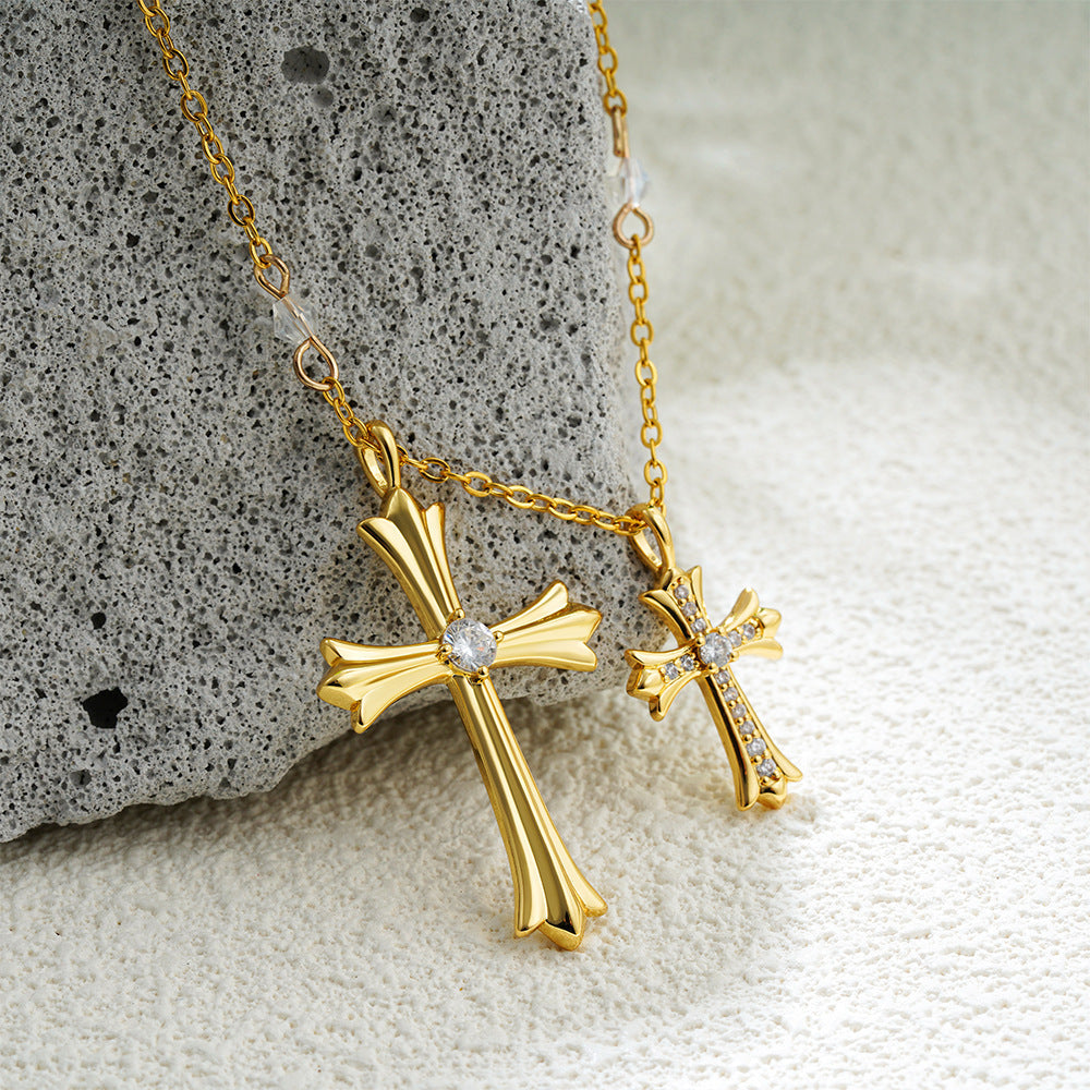 Hip Hop Style Bead Chain Cross Pendant Zirconia Necklace