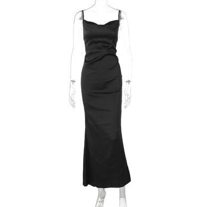 Summer Elegant Solid Color Stitching Tied Tie Waist Long Slim Strap Dress Women Clothing