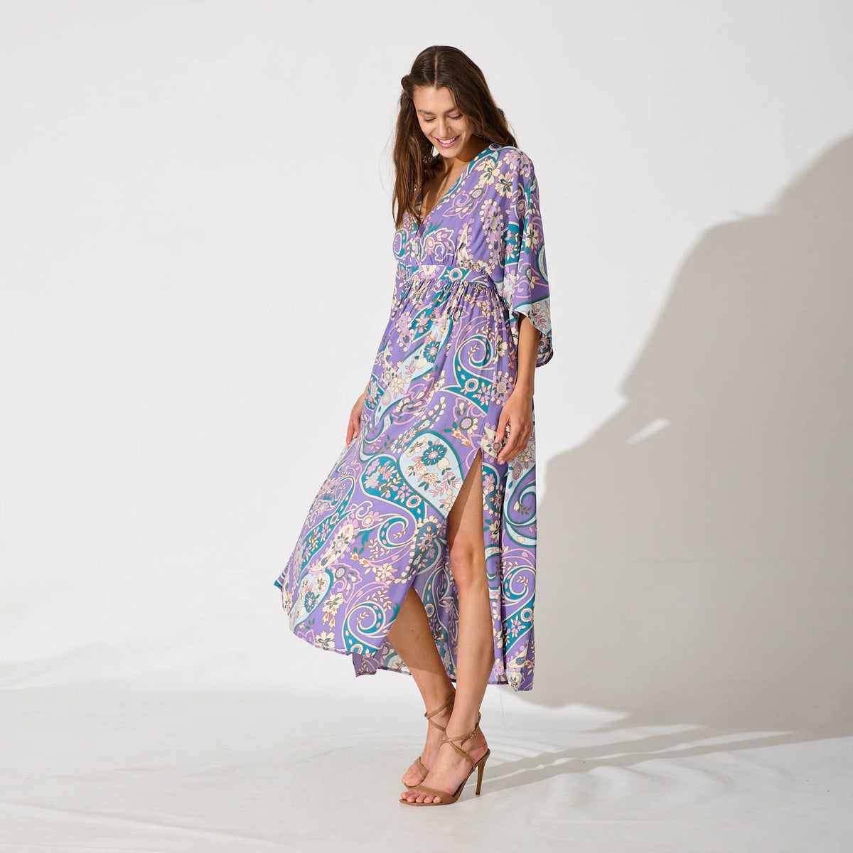 Summer Batwing Sleeve V neck Waist Slimming Maxi Dress Beach Holiday Dress