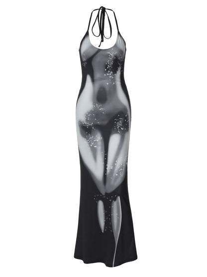 Halter Neck Trompe L'Oeil Body Print Water Droplet Maxi Dress