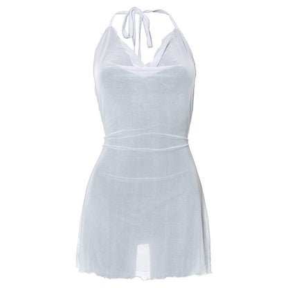 Summer Solid Color Pullover Strap Halter Cropped Outfit Micro Transparent Casual Women Short
