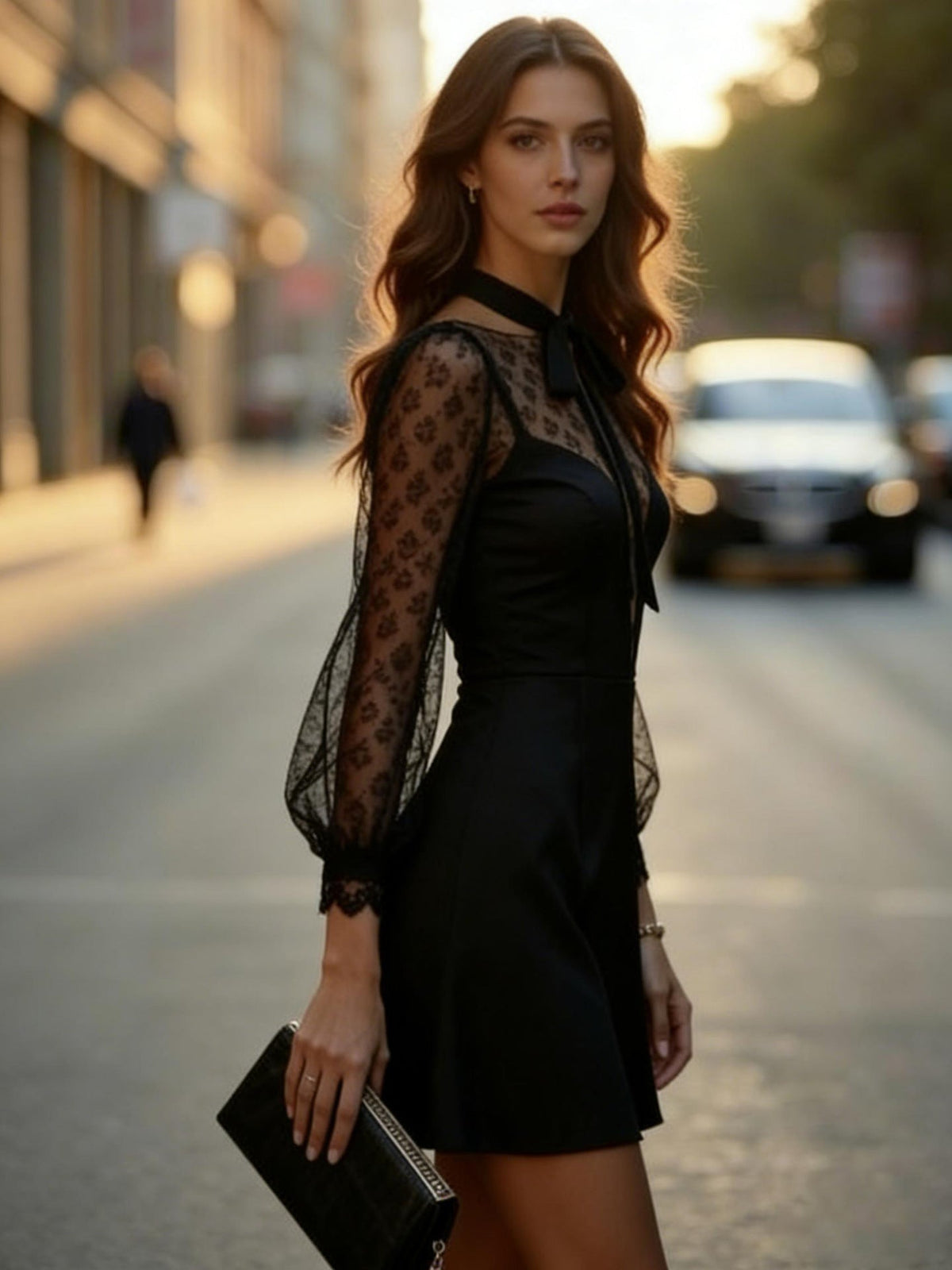 Lace Puff Sleeve Bow Tie Neck Deep V-Neck Fit and Flare Mini Dress