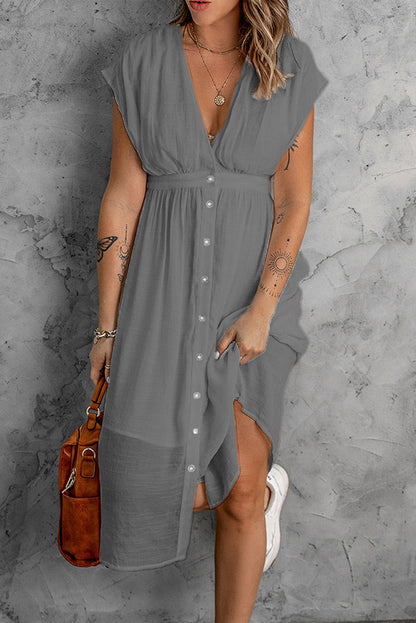 Summer Double Layer Tulle Solid Color Dress Women Deep V Plunge Short Sleeve Waist Controlled Maxi Dress
