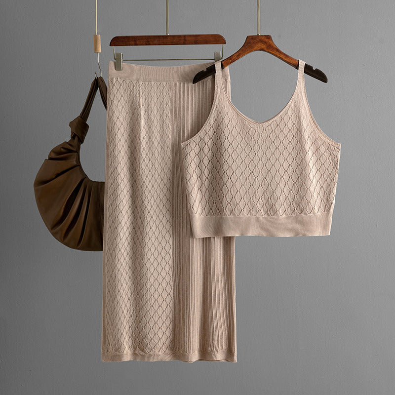 Summer Hollow Out Cutout out Short Spaghetti Straps Knitted Skirt Two Piece Set