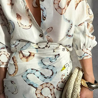 Summer Women Clothes Elegant Snake Figure Printed Shirt Long Sleeve Dress with Vents Loose Outfit