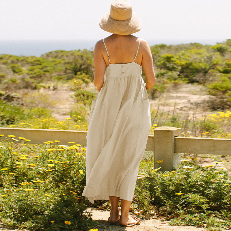 Summer Pure Cotton Sling Dress French Design Large Pocket Loose Slim Fit Adjustable Shoulder Strap Midi Dress for Women