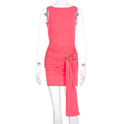 Boat Neck Sleeveless Ruched Side Metal Buckle Drape Tail Mini Dress