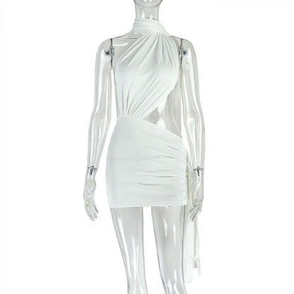Halter Neck One Shoulder Cut Out Ruched Pleated Sash Asymmetric Mini Dress